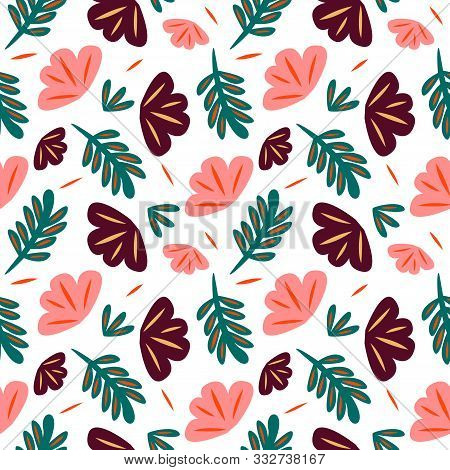 Seamless Pattern With Abstract Flowers And Leaves. Bright Floral Background.