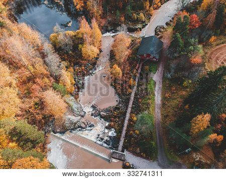 Aerial View Of Waterfall, River Rapids And Ancient Mill. Photo Taken From A Drone. Finland, Pornaine