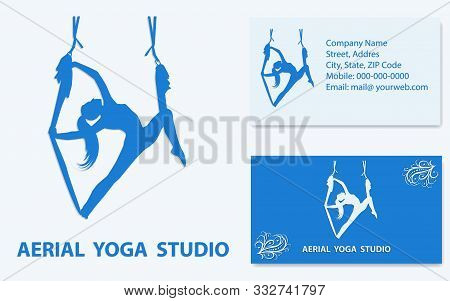 Aerial Yoga - Business Card With Props, Blue Color - Girl Doing Exercise On A Hammock - Vector. Spor