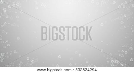 Soap Bubbles Abstract Background. Blowing Bubbles On Light Grey Background. Breathtaking Soapy Foam 