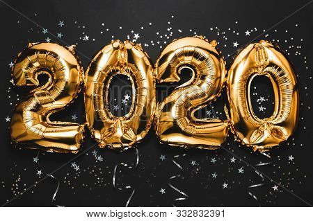 Happy New Year 2020 Celebration. Bright Gold Balloons Figures, New Year Balloons With Glitter Stars 