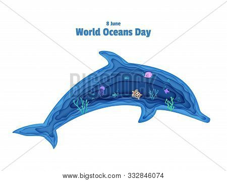 Silhouette Of A Dolphin Cut Out Of Paper. Papercut Butterflyfish, Jellyfish, Moonfish, Turtle. Craft