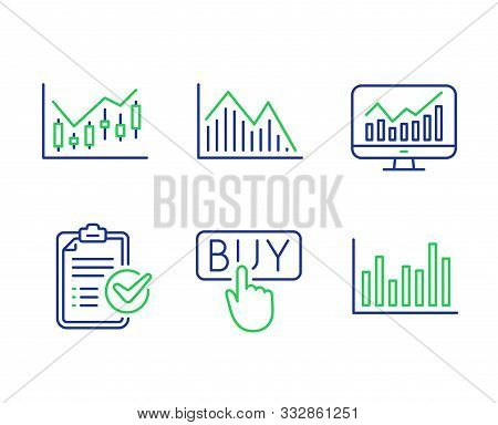 Investment Graph, Statistics And Buying Line Icons Set. Survey Checklist, Financial Diagram And Bar 