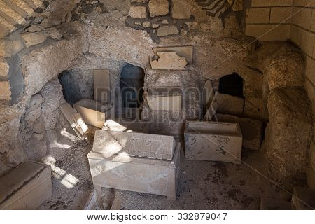 Jerusalem, Israel, November 02, 2019 : Group Crypt - Burial Place With Sarcophagus In Dominus Flevit