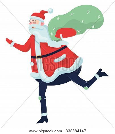 Santa Claus Standing With A Big Backbag Full Of Presents. Cute