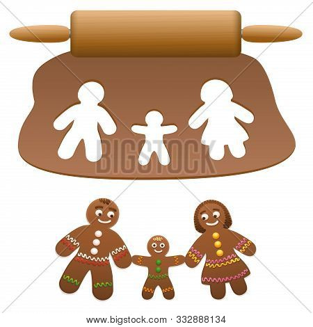 Gingerbread Family, Father, Mother, Child. Happy Parents With Their Son Cut Out Of Lebkuchen Dough. 