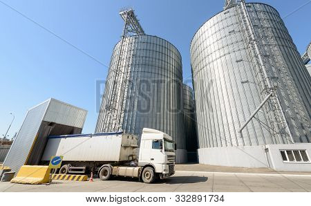Grain Drying Complex, Storage And Transportation Of Grain. Large Granary In The Field. Agricultural 