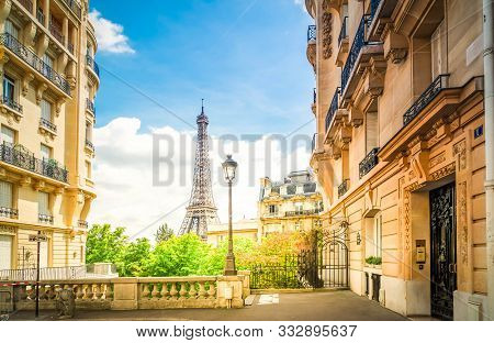 Famous Eiffel Tower Landmark And Paris Summer Street, Paris Citscape, France, Toned