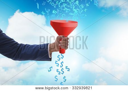 Data monetization concept with funnel and businessman