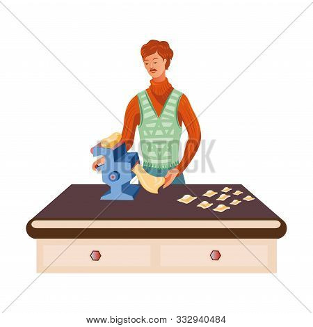 Red-haired Man Cooks On A Dough Sheeter. Vector Illustration In Flat Cartoon Style.