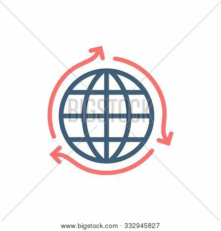 Earth Globe Planet Icon With Three Arrows Around. Stock Vector Illustration Isolated On White Backgr