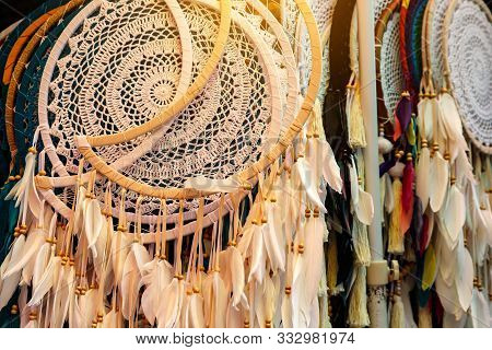 Dream Catchers In The Shop, Close Up Of Dream Catchers.