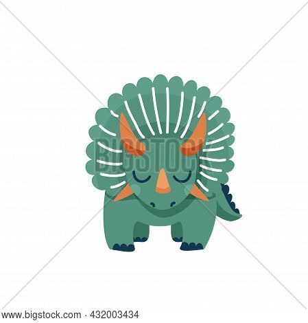 Cute Baby Dinosaur Triceratops Isolated On White Background. Front View. Kid Character Dino Monster 