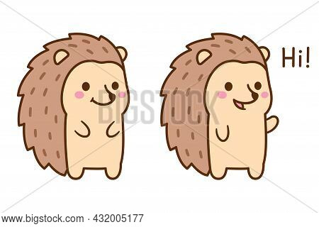 Cute Cartoon Hedgehog Character Drawing. Funny Kawaii Hedgehog Waving And Saying Hi. Vector Clip Art