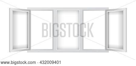 Realistic Plastic Window Mockup Template. Triple Plastic Window With Open Casements. Windowpane Fram