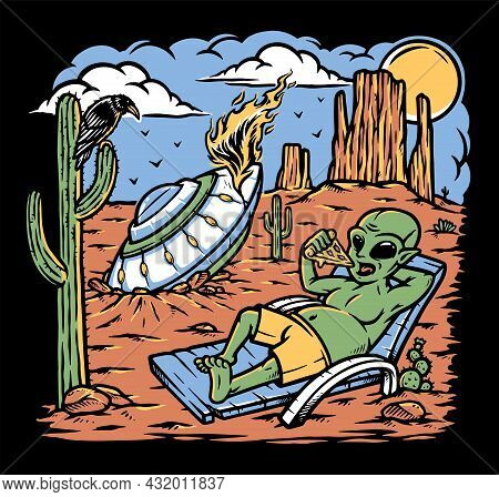 Alien Stranded In The Desert Vector Illustration