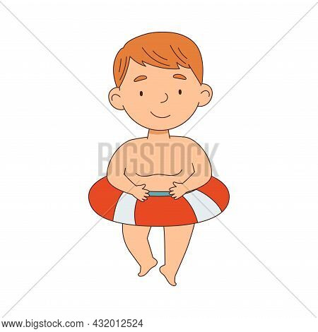 Little Boy Walking With Rubber Ring For Swimming In Water Vector Illustration
