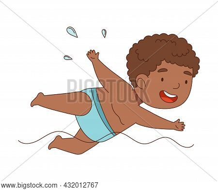 Little African American Boy In Swimsuit Swimming In Water Vector Illustration