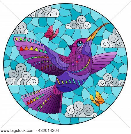 An Illustration In The Style Of A Stained Glass Window With A Bright Cartoon Hummingbird Bird On A B