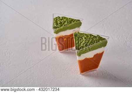 Verrine Mousse From Baked Pepper With Creamy Gorgonzola And Pesto In Transparent Buffet Shape Cup On