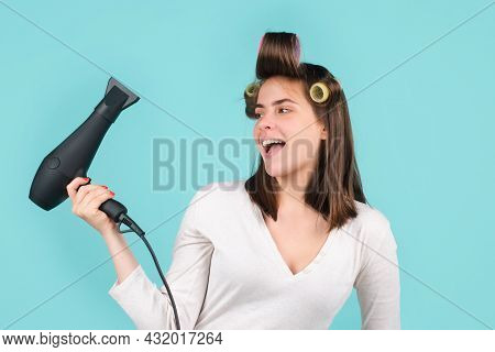 Woman With Hair Dryer. Beautiful Girl With Straight Hair Blow Dryer Hair With Professional Hairdryer