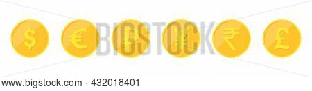 World Currencies. Dollar, Euro, Ruble, Yen, Pound, Rupee. Gold Coins Icons Isolated On White Backgro