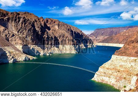 Colorado River. Low Water Level Strip On Cliff At Lake Mead. View From Hoover Dam At Nevada And Ariz