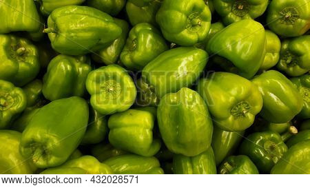 Group Of Green Fresh Bell Pepper. Close-up Bell Pepper Texture