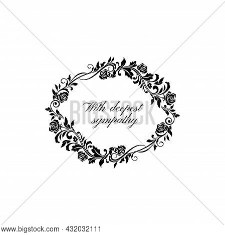 Funeral Lettering With Deepest Sympathy Isolated Round Frame. Vector Memorial Text On Tombstone Mock