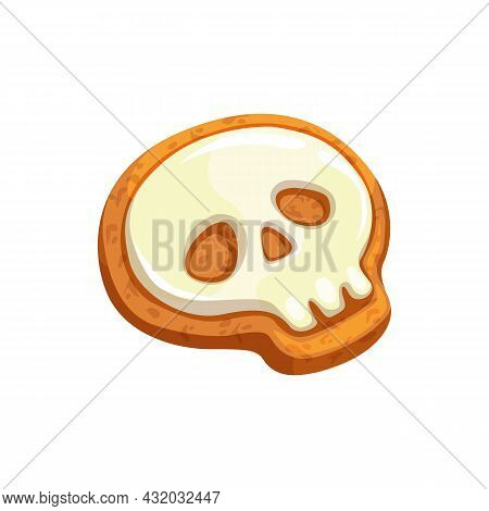 Skull Shape Gingerbread Cookie With Icing Topping Isolated Head Skeleton. Vector Homemade Baked Food