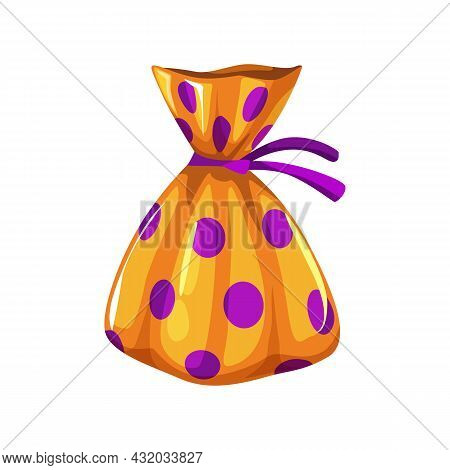 Realistic Chocolate Candy Wrapped In Gloss Orange Foil Paper With Purple Dots Isolated Halloween Tri