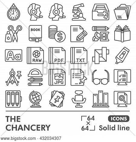 Chancery Line Icon Set, Files And Documents Symbols Collection Or Sketches. Office Supplies Soild Li