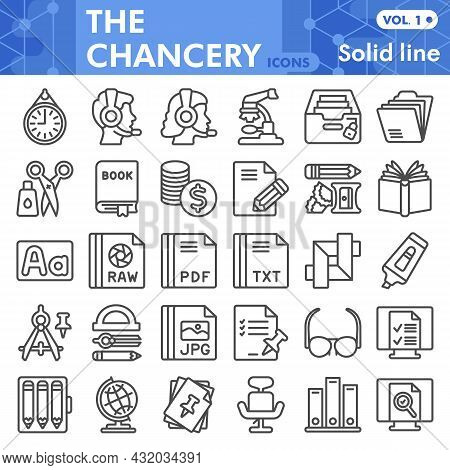 Chancery Line Icon Set, Stationery And Documents Symbols Collection Or Sketches. Office Supplies Soi