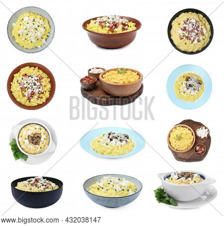 Set With Delicious Traditional Banosh On White Background