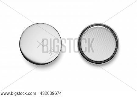 Close-up Button Lithium Cell Cr2032 Battery Isolated On White Background. 3d Rendering Illustration.