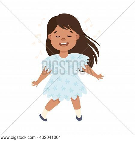 Energetic Girl In Blue Dress Dancing Moving To Music Rythm Vector Illustration