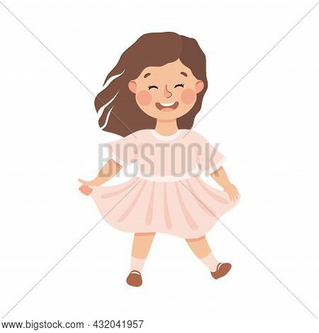 Energetic Girl In Pink Dress Dancing Moving To Music Rythm Vector Illustration
