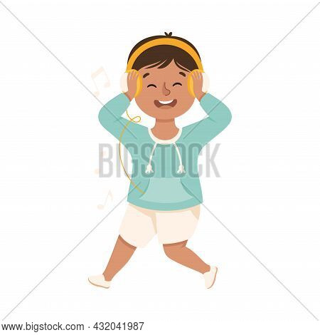 Energetic Boy With Headphones Dancing Moving To Music Rythm Vector Illustration