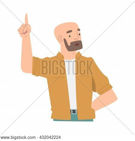 Bearded Man Character Pointing With Index Finger As Hand Gesture Vector Illustration