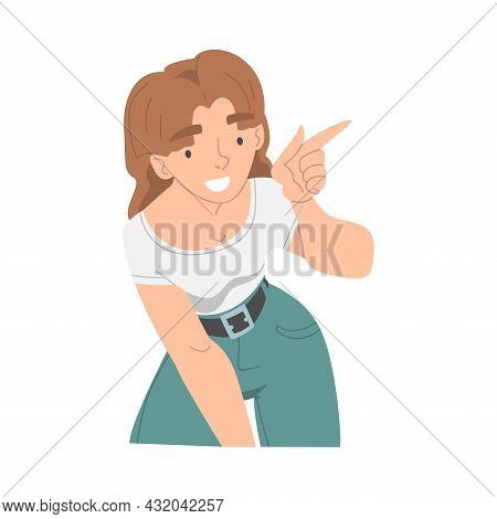 Smiling Woman Character Pointing With Index Finger As Hand Gesture Vector Illustration