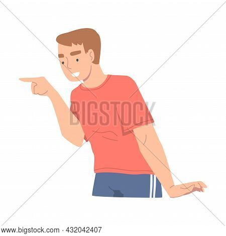 Smiling Man Character Pointing With Index Finger As Hand Gesture Vector Illustration