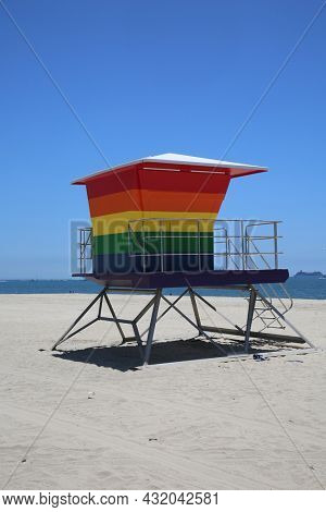 LONG BEACH, California - July 5, 2021: Gay Pride Lifeguard Tower. The rainbow-colored lifeguard tower supports the LGBTQ community. 