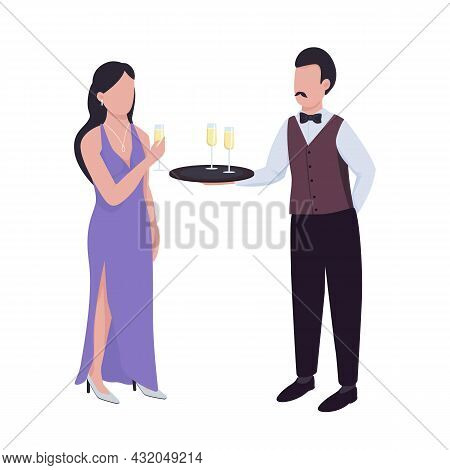 Waiter Serving Sparkling Wine To Lady Semi Flat Color Vector Characters. Full Body People On White. 