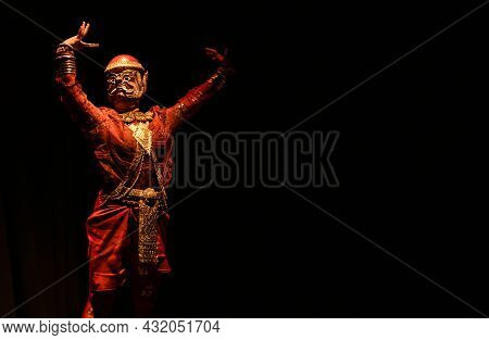 Lakhon Khol Khmer Masked Dance Performer In Costume At Phnom Penh Cambodia Theater Stage