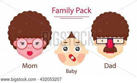 Dad, Mom And Baby Face Flat Design Vector Illustration Isolated On White Background. Set Of Family M