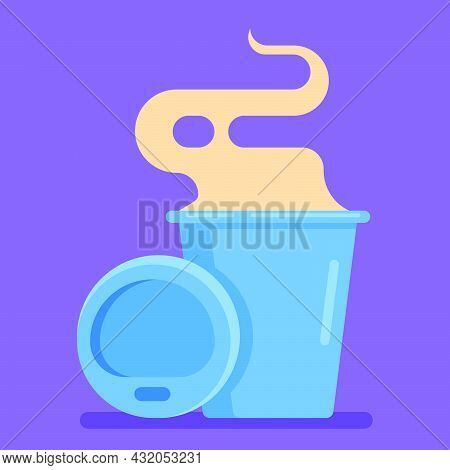 Blue Coffee Mug With Steam In Flat Design Style. Paper Coffee Cup, Vector Illustration.