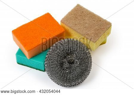 Kitchen Sponge Made Of Steel Strip And Colored Synthetic Sponges With Harder Layer On A White Backgr