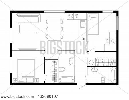 Apartment Floor Plan. Two Bedroom Apartment. Vector Architecture Plan Of Condominium, Flat, House. I