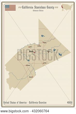Map On An Old Playing Card Of Stanislaus County In California, Usa.
