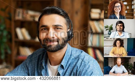 Headshot Portrait Screen View Of Smiling Young Indian Man Wearing Headshot Talk On Video Call With W